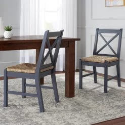 Home Decorators Collection Dorsey Midnight Blue Wood Dining Chair with Cross Back and Rush Seat (Set of 2) (17.72 in. W x 35.43 in. H)