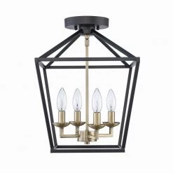 Home Decorators Collection Weyburn 16.5 in. 4-Light Black and Gold Lantern Farmhouse Semi-Flush Mount Kitchen Ceiling Light Fixture