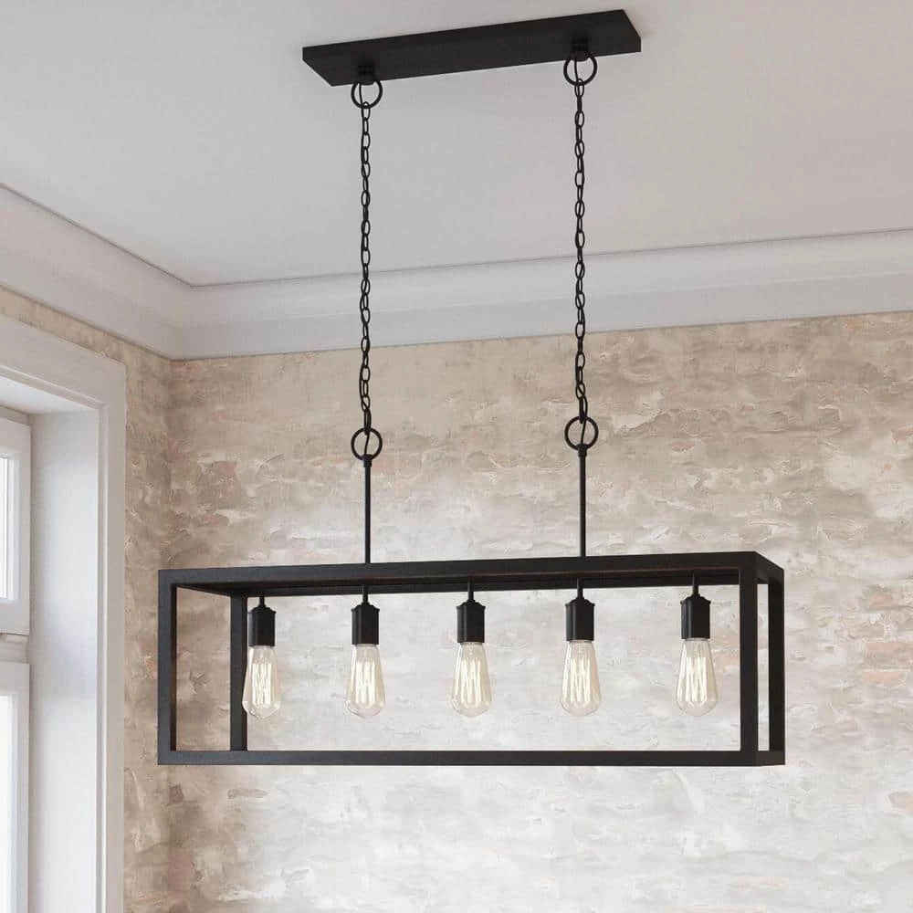 Home Decorators Collection Boswell Quarter 34 in. 5-Light Distressed Black Farmhouse Linear Chandelier for Dining and Kitchen Islands 4 Home Decorators Collection Boswell Quarter 34 in. 5-Light Distressed Black Farmhouse Linear Chandelier for Dining and Kitchen Islands - Image 2
