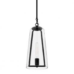 Home Decorators Collection Desmond 8 in. 1-Light Modern Black Hanging Pendant Light with Smoke Seeded Glass Shade