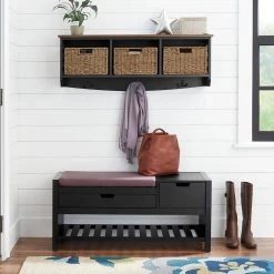 Home Decorators Collection 9.7 in. H x 40 in. W x 9.5 in. D Black and Walnut Wood Floating Decorative Cubby Wall Shelf with Hooks and Baskets -Home Decorators Soldes black home decorators collection decorative shelving sk19434br1 b 40 1000
