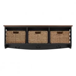 Home Decorators Collection 9.7 in. H x 40 in. W x 9.5 in. D Black and Walnut Wood Floating Decorative Cubby Wall Shelf with Hooks and Baskets