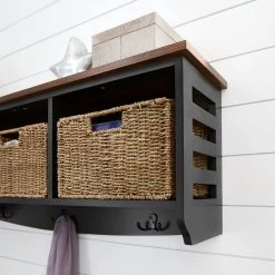 Home Decorators Collection 9.7 in. H x 40 in. W x 9.5 in. D Black and Walnut Wood Floating Decorative Cubby Wall Shelf with Hooks and Baskets -Home Decorators Soldes black home decorators collection decorative shelving sk19434br1 b a0 1000