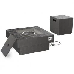 Home Decorators Collection Rutherford Marble 30 in. Steel Square Low Profile Gas Black Fire Pit with Tank Holder Box 1 (Fire Pit)