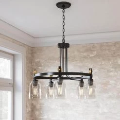Home Decorators Collection Knollwood 30 in. 5-Light Blackened Bronze Industrial Round Chandelier with Brass Accents and Clear Glass Shades -Home Decorators Soldes blackened bronze home decorators collection chandeliers 7991hdcbbdi 40 1000