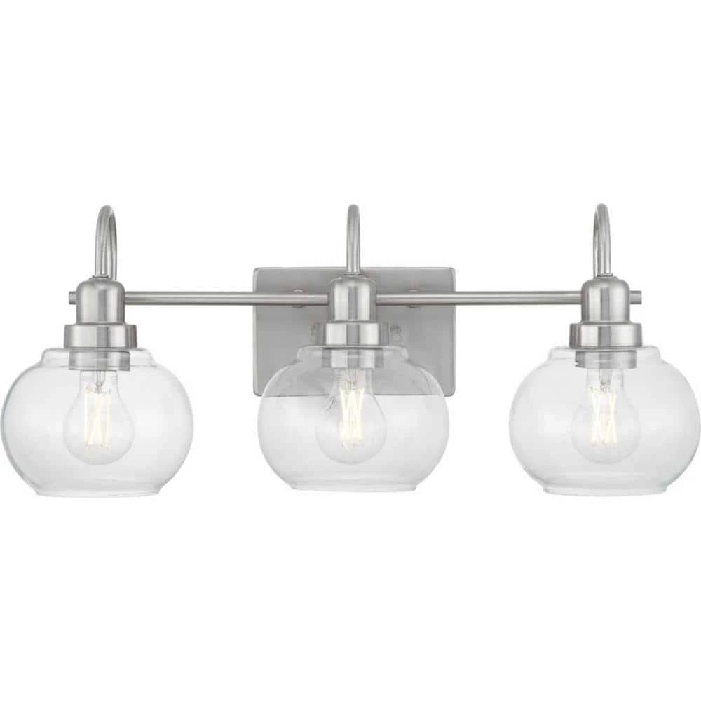 Home Decorators Collection Halyn 23 in. 3-Light Brushed Nickel Bathroom Vanity Light with Clear Glass Shades 3 Home Decorators Collection Halyn 23 in. 3-Light Brushed Nickel Bathroom Vanity Light with Clear Glass Shades