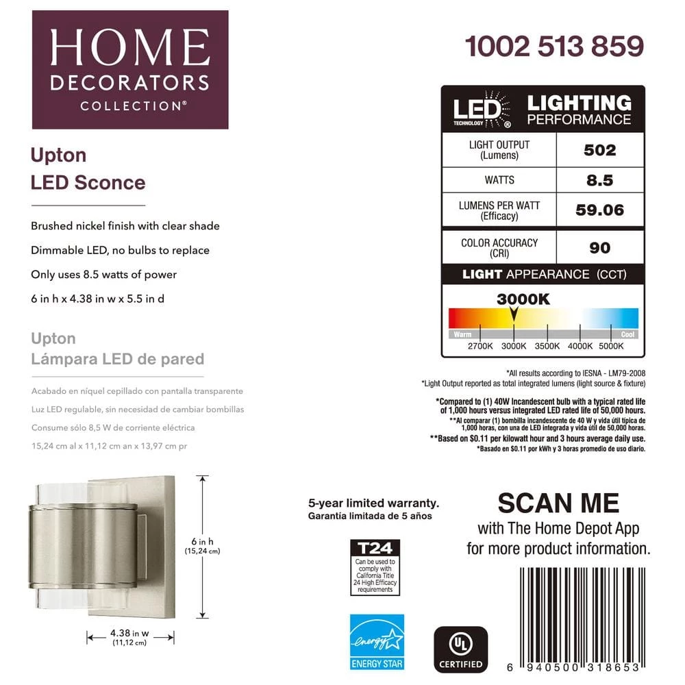 Home Decorators Collection Upton Brushed Nickel LED Sconce 12 Home Decorators Collection Upton Brushed Nickel LED Sconce - Image 10