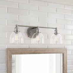 Home Decorators Collection Evelyn 26.75 in. 3-Light Brushed Nickel Modern Industrial Bathroom Vanity Light with Clear Glass Shades -Home Decorators Soldes brushed nickel with clear glass home decorators collection vanity lighting hb2586 35 1d 1000