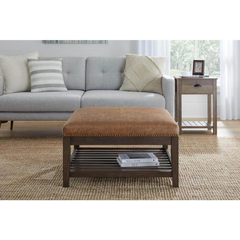 Home Decorators Collection Hayesbrook Camel Upholstered Square Ottoman with Nailhead Trim and Smoke Wood Accents (32" W) 5 Home Decorators Collection Hayesbrook Camel Upholstered Square Ottoman with Nailhead Trim and Smoke Wood Accents (32" W) - Image 3