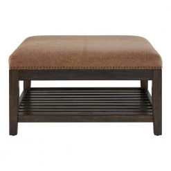 Home Decorators Collection Hayesbrook Camel Upholstered Square Ottoman with Nailhead Trim and Smoke Wood Accents (32" W)