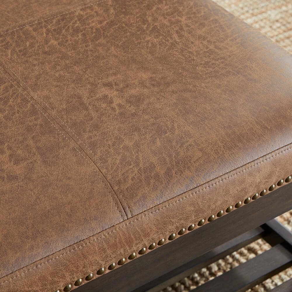 Home Decorators Collection Hayesbrook Camel Upholstered Square Ottoman with Nailhead Trim and Smoke Wood Accents (32" W) 6 Home Decorators Collection Hayesbrook Camel Upholstered Square Ottoman with Nailhead Trim and Smoke Wood Accents (32" W) - Image 4
