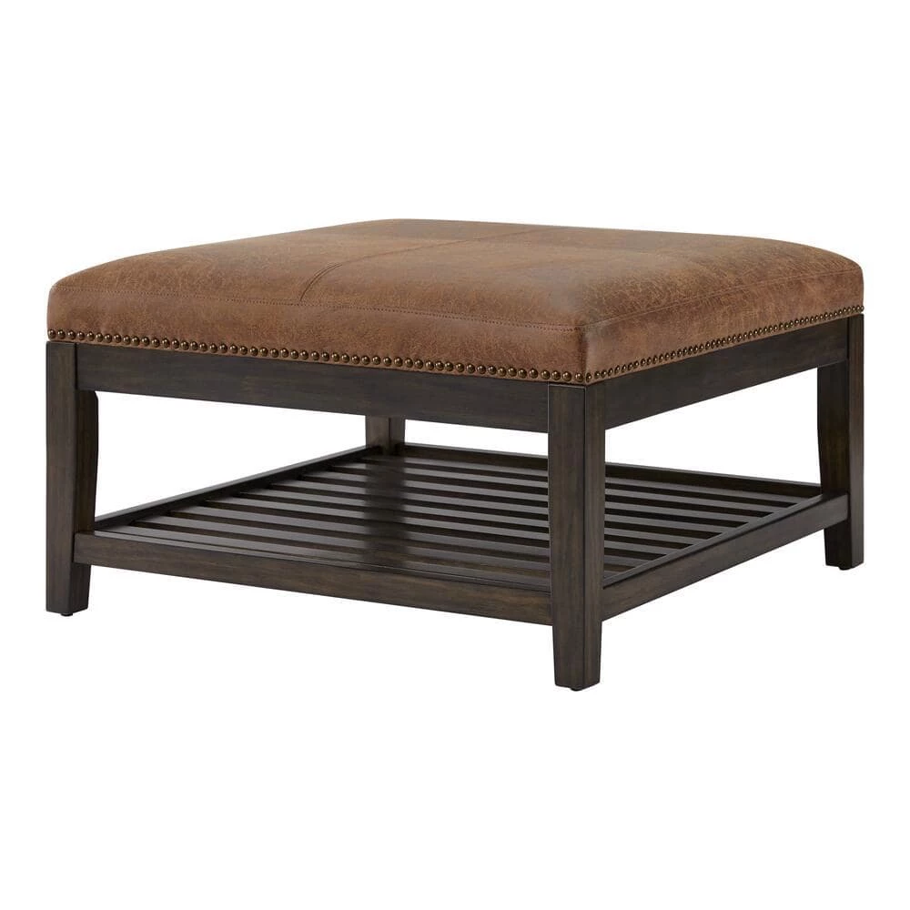 Home Decorators Collection Hayesbrook Camel Upholstered Square Ottoman with Nailhead Trim and Smoke Wood Accents (32" W) 4 Home Decorators Collection Hayesbrook Camel Upholstered Square Ottoman with Nailhead Trim and Smoke Wood Accents (32" W) - Image 2