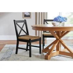 Home Decorators Collection Dorsey Black Wood Dining Chair with Cross Back and Rush Seat (Set of 2) (17.72 in. W x 35.43 in. H)