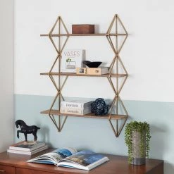 Home Decorators Collection 37 in. H x 27 in. W x 7 in. D Wood and Gold Metal Wall-Mount Bookshelf -Home Decorators Soldes gold home decorators collection decorative shelving l175586xx 40 1000