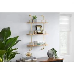 Home Decorators Collection Gold Metal and Natural Wood Wall Shelf (21 in. W x 34 in. H) -Home Decorators Soldes gold nature home decorators collection decorative shelving 99kg107k8n e1 1000