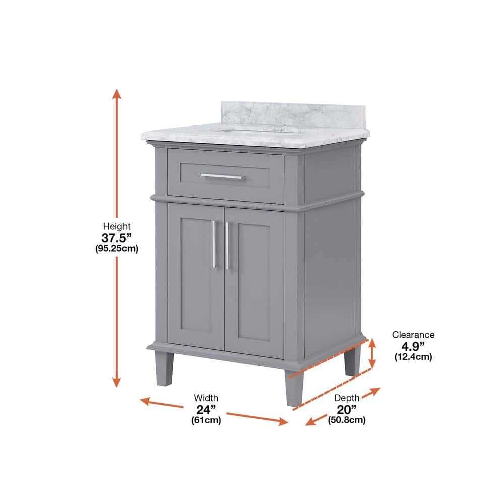 Home Decorators Collection Sonoma 24 in. W x 20 in. D x 34 in. H Bath Vanity in Pebble Gray with White Carrara Marble Top 5 Home Decorators Collection Sonoma 24 in. W x 20 in. D x 34 in. H Bath Vanity in Pebble Gray with White Carrara Marble Top - Image 3