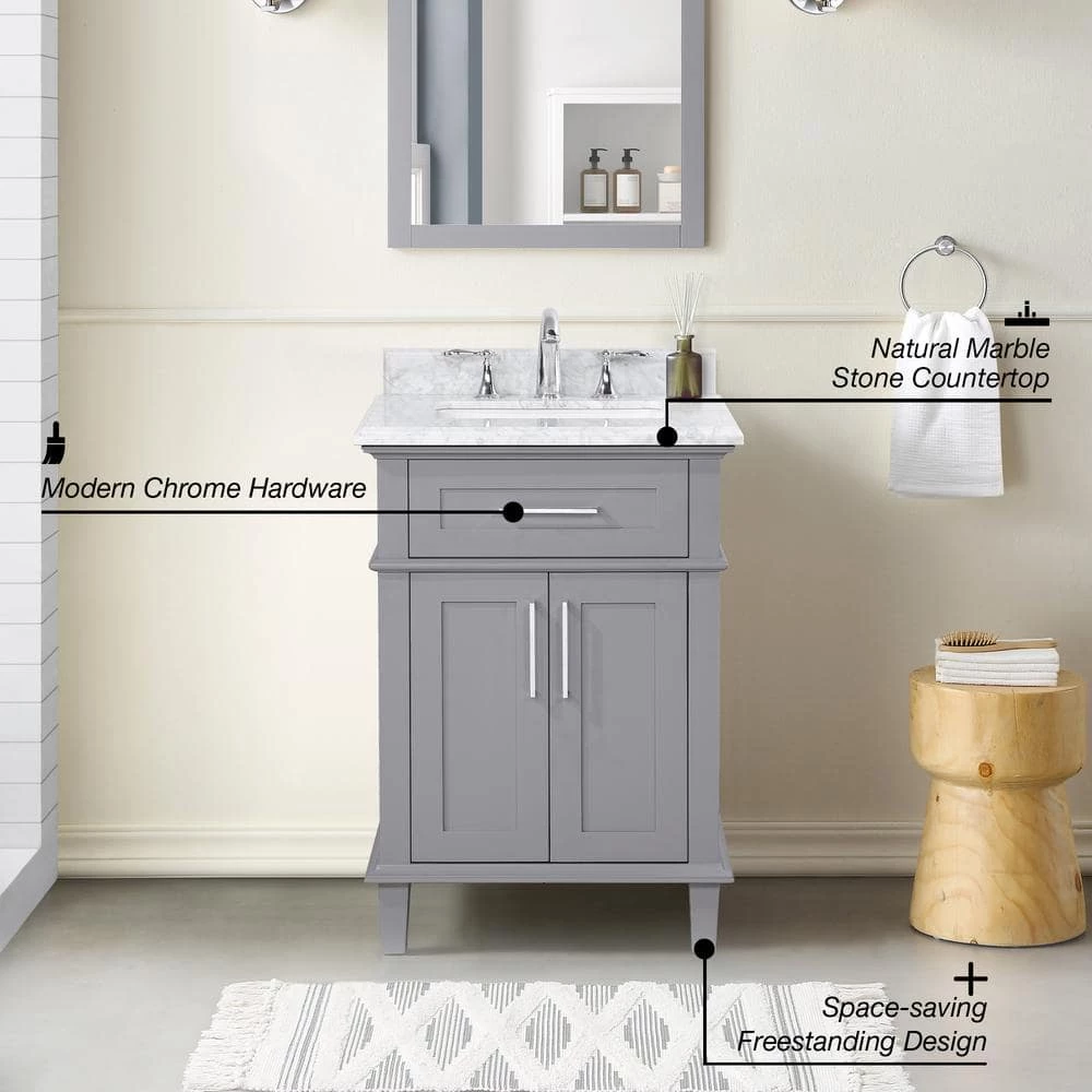 Home Decorators Collection Sonoma 24 in. W x 20 in. D x 34 in. H Bath Vanity in Pebble Gray with White Carrara Marble Top 6 Home Decorators Collection Sonoma 24 in. W x 20 in. D x 34 in. H Bath Vanity in Pebble Gray with White Carrara Marble Top - Image 4