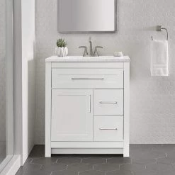 Home Decorators Collection Clady 30.5 in. W x 18.75 in. D Bath Vanity in White with Cultured Marble Vanity Top in Silver Ash with White Sink