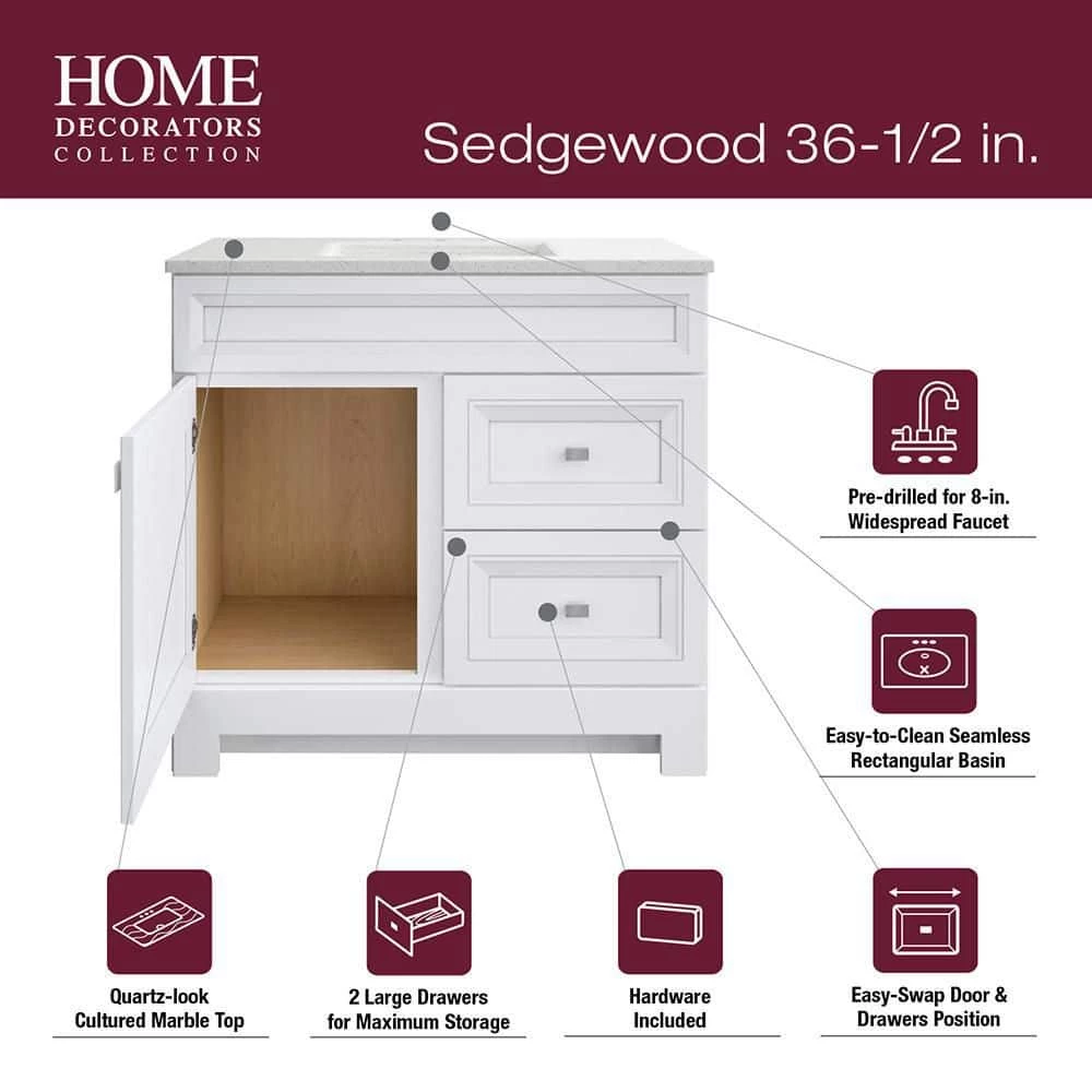 Home Decorators Collection Sedgewood 36-1/2 in. Configurable Bath Vanity in White with Solid Surface Top in Arctic with White Sink 15 Home Decorators Collection Sedgewood 36-1/2 in. Configurable Bath Vanity in White with Solid Surface Top in Arctic with White Sink - Image 13