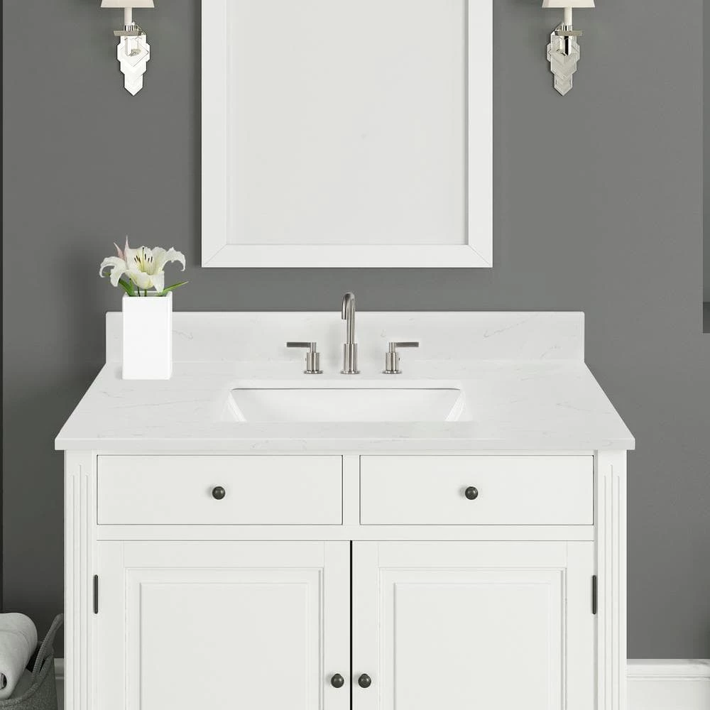 Home Decorators Collection 49 in. W x 22 in. D x 0.75 in. H Quartz Vanity Top in Carrara White with White Basin 8 Home Decorators Collection 49 in. W x 22 in. D x 0.75 in. H Quartz Vanity Top in Carrara White with White Basin - Image 6