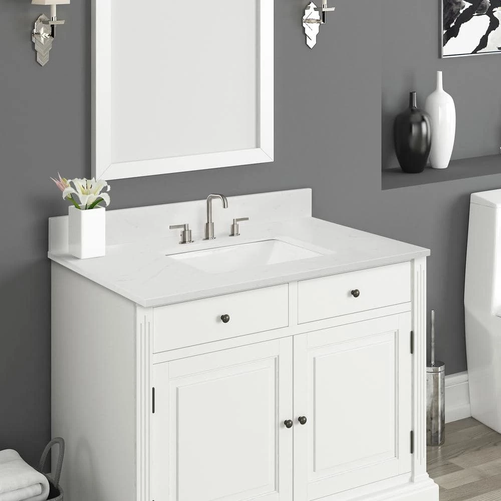 Home Decorators Collection 49 in. W x 22 in. D x 0.75 in. H Quartz Vanity Top in Carrara White with White Basin 9 Home Decorators Collection 49 in. W x 22 in. D x 0.75 in. H Quartz Vanity Top in Carrara White with White Basin - Image 7