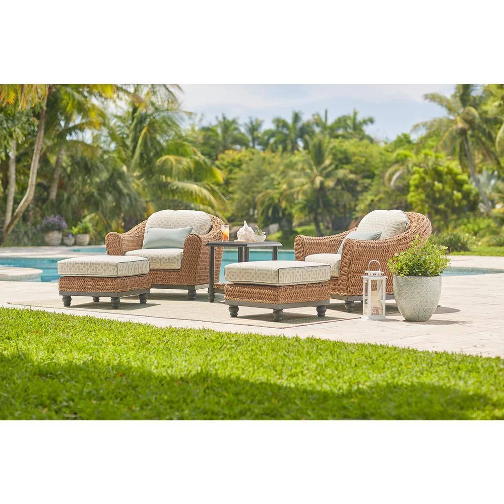 Home Decorators Collection Camden Light Brown Seagrass Wicker Outdoor Patio Ottoman with Sunbrella Cast Spa & Fretwork Mist Cushions 4 Home Decorators Collection Camden Light Brown Seagrass Wicker Outdoor Patio Ottoman with Sunbrella Cast Spa & Fretwork Mist Cushions - Image 2