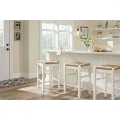 Home Decorators Collection Dorsey Ivory Backless Wood Counter Stool with Woven Rush Seat
