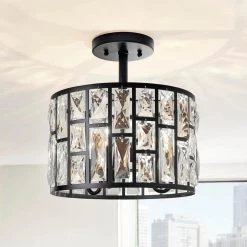 Home Decorators Collection Kristella 12.5 in. 3-Light Matte Black Semi Flush Mount Light with Clear Crystal Shade -Home Decorators Soldes matte black home decorators collection flush mount lights 31820 hbb e1 1000