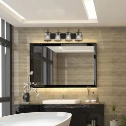 Home Decorators Collection Georgina 30 in. 4-Light Matte Black Industrial Bathroom Vanity Light with Clear Seeded Glass Shades -Home Decorators Soldes matte black home decorators collection vanity lighting hb2584 43 40 1000