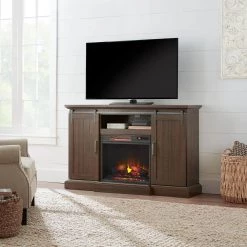 Home Decorators Collection Chastain 56 in. Freestanding Media Console Electric Fireplace TV Stand with Sliding Barn Door in Rustic Walnut