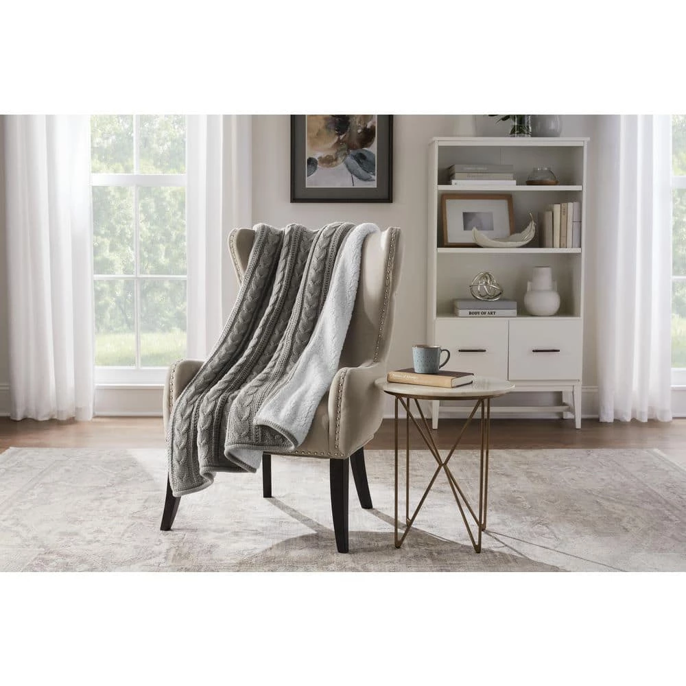 Home Decorators Collection Stone Gray Cozy Cable Knit Throw Blanket with Sherpa Reverse 4 Home Decorators Collection Stone Gray Cozy Cable Knit Throw Blanket with Sherpa Reverse - Image 2