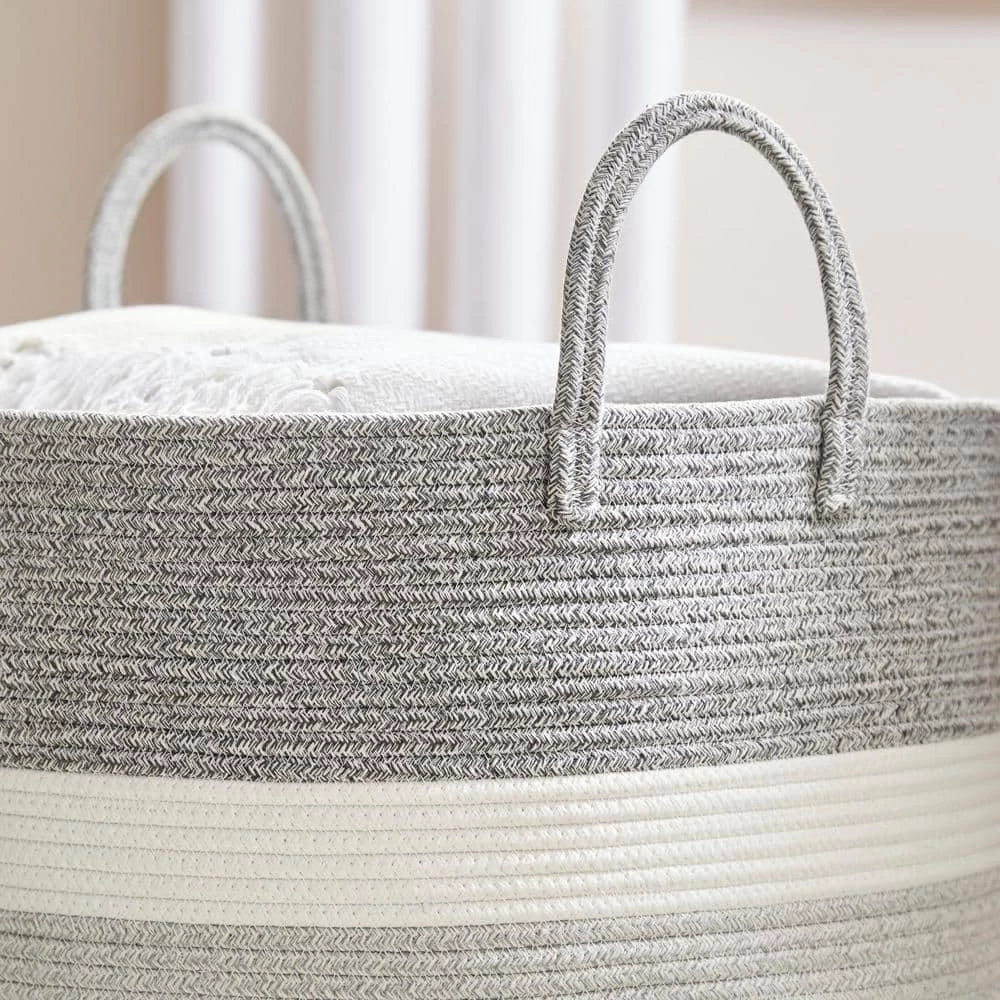 Home Decorators Collection Round Cotton Rope Gray Striped Storage Basket 5 Home Decorators Collection Round Cotton Rope Gray Striped Storage Basket - Image 3