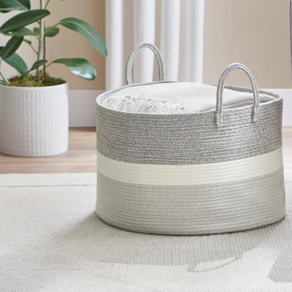Home Decorators Collection Round Cotton Rope Gray Striped Storage Basket 4 Home Decorators Collection Round Cotton Rope Gray Striped Storage Basket - Image 2