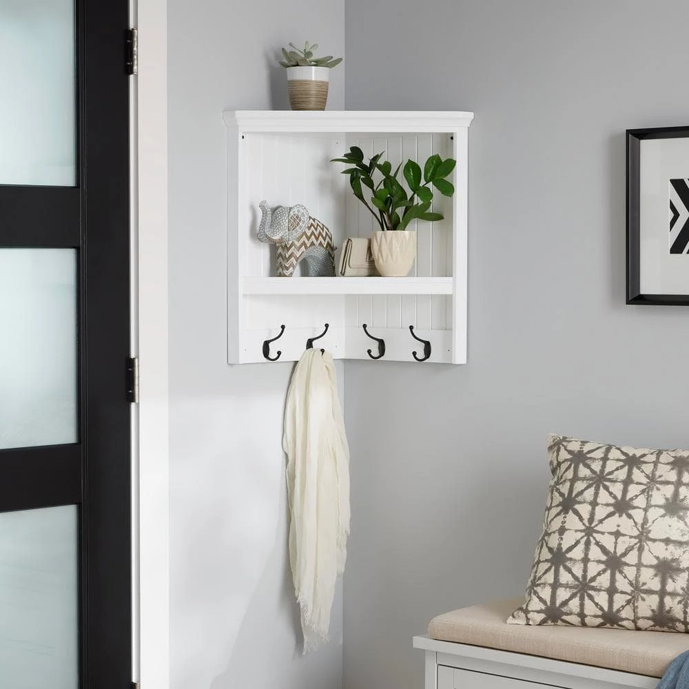 Home Decorators Collection 24 in. H x 24 in. W x 13.4 in. D White Shiplap Floating Decorative Cubby Corner Wall Shelf with Hooks 5 Home Decorators Collection 24 in. H x 24 in. W x 13.4 in. D White Shiplap Floating Decorative Cubby Corner Wall Shelf with Hooks - Image 3