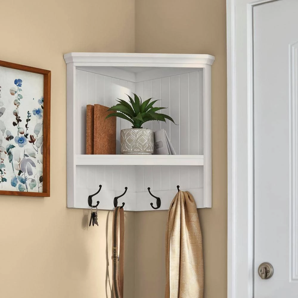 Home Decorators Collection 24 in. H x 24 in. W x 13.4 in. D White Shiplap Floating Decorative Cubby Corner Wall Shelf with Hooks 8 Home Decorators Collection 24 in. H x 24 in. W x 13.4 in. D White Shiplap Floating Decorative Cubby Corner Wall Shelf with Hooks - Image 6