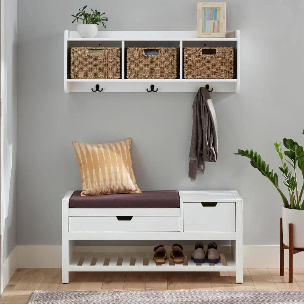 Home Decorators Collection 9.2 in. H x 40 in. W x 8.7 in. D White Wood Floating Decorative Cubby Wall Shelf with Hooks and Baskets 5 Home Decorators Collection 9.2 in. H x 40 in. W x 8.7 in. D White Wood Floating Decorative Cubby Wall Shelf with Hooks and Baskets - Image 3