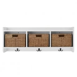 Home Decorators Collection 9.2 in. H x 40 in. W x 8.7 in. D White Wood Floating Decorative Cubby Wall Shelf with Hooks and Baskets