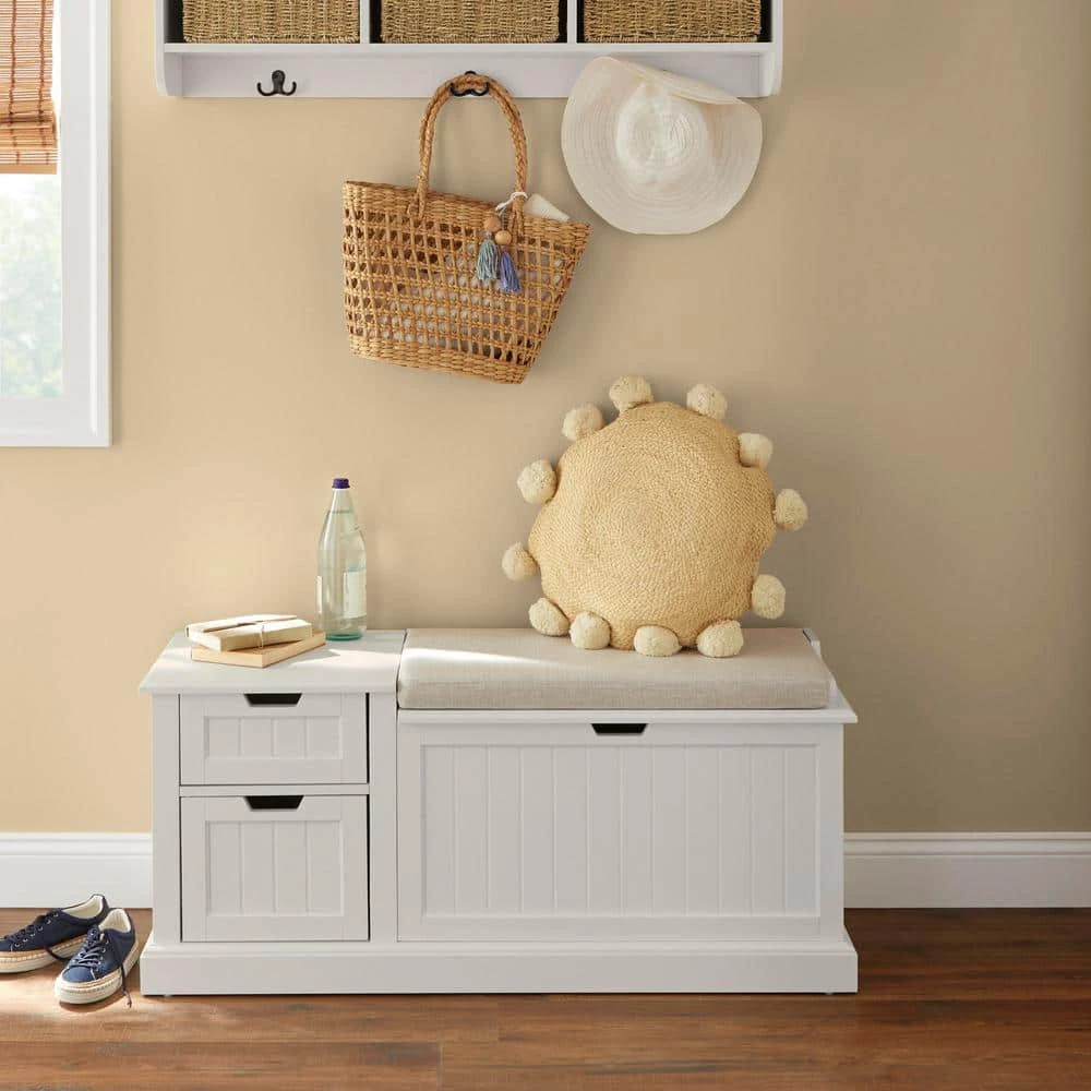 Home Decorators Collection 9.2 in. H x 40 in. W x 8.7 in. D White Wood Floating Decorative Cubby Wall Shelf with Hooks and Baskets 8 Home Decorators Collection 9.2 in. H x 40 in. W x 8.7 in. D White Wood Floating Decorative Cubby Wall Shelf with Hooks and Baskets - Image 6