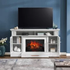 Home Decorators Collection Parkbridge 68 in. Freestanding Electric Fireplace TV Stand in White with KD Insert -Home Decorators Soldes white home decorators collection freestanding electric fireplaces 2357fmm 26 201 31 1000