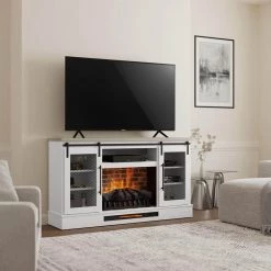 Home Decorators Collection Bramble 63 in. Freestanding Electric Fireplace TV Stand w/ Sliding Mesh Barn Door in White w/ Washed Blonde Walnut Top -Home Decorators Soldes white walnut with blonde walnut home decorators collection freestanding electric fireplaces 1361fm 26 352 31 1000