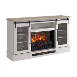 Home Decorators Collection Bramble 63 in. Freestanding Electric Fireplace TV Stand w/ Sliding Mesh Barn Door in White w/ Washed Blonde Walnut Top -Home Decorators Soldes white walnut with blonde walnut home decorators collection freestanding electric fireplaces 1361fm 26 352 40 1000