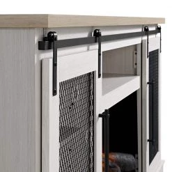 Home Decorators Collection Bramble 63 in. Freestanding Electric Fireplace TV Stand w/ Sliding Mesh Barn Door in White w/ Washed Blonde Walnut Top -Home Decorators Soldes white walnut with blonde walnut home decorators collection freestanding electric fireplaces 1361fm 26 352 4f 1000