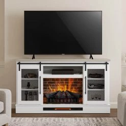 Home Decorators Collection Bramble 63 in. Freestanding Electric Fireplace TV Stand w/ Sliding Mesh Barn Door in White w/ Washed Blonde Walnut Top