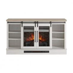 Home Decorators Collection Bramble 63 in. Freestanding Electric Fireplace TV Stand w/ Sliding Mesh Barn Door in White w/ Washed Blonde Walnut Top -Home Decorators Soldes white walnut with blonde walnut home decorators collection freestanding electric fireplaces 1361fm 26 352 a0 1000