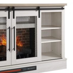 Home Decorators Collection Bramble 63 in. Freestanding Electric Fireplace TV Stand w/ Sliding Mesh Barn Door in White w/ Washed Blonde Walnut Top -Home Decorators Soldes white walnut with blonde walnut home decorators collection freestanding electric fireplaces 1361fm 26 352 c3 1000